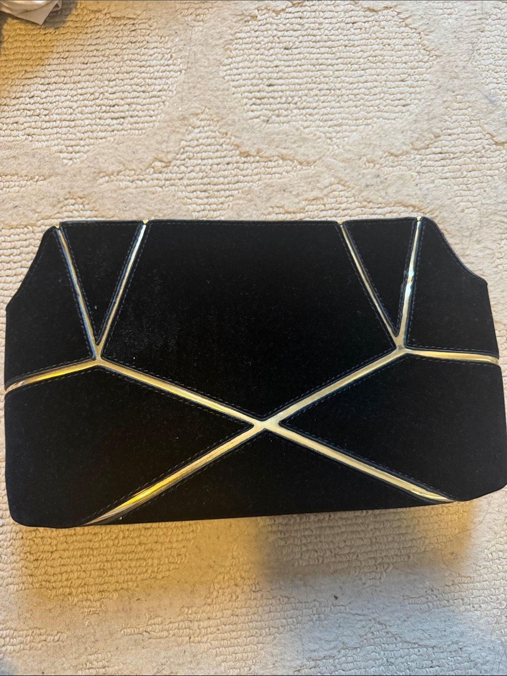 Elegant Black Geometric Velvet Clutch with Metallic Trim